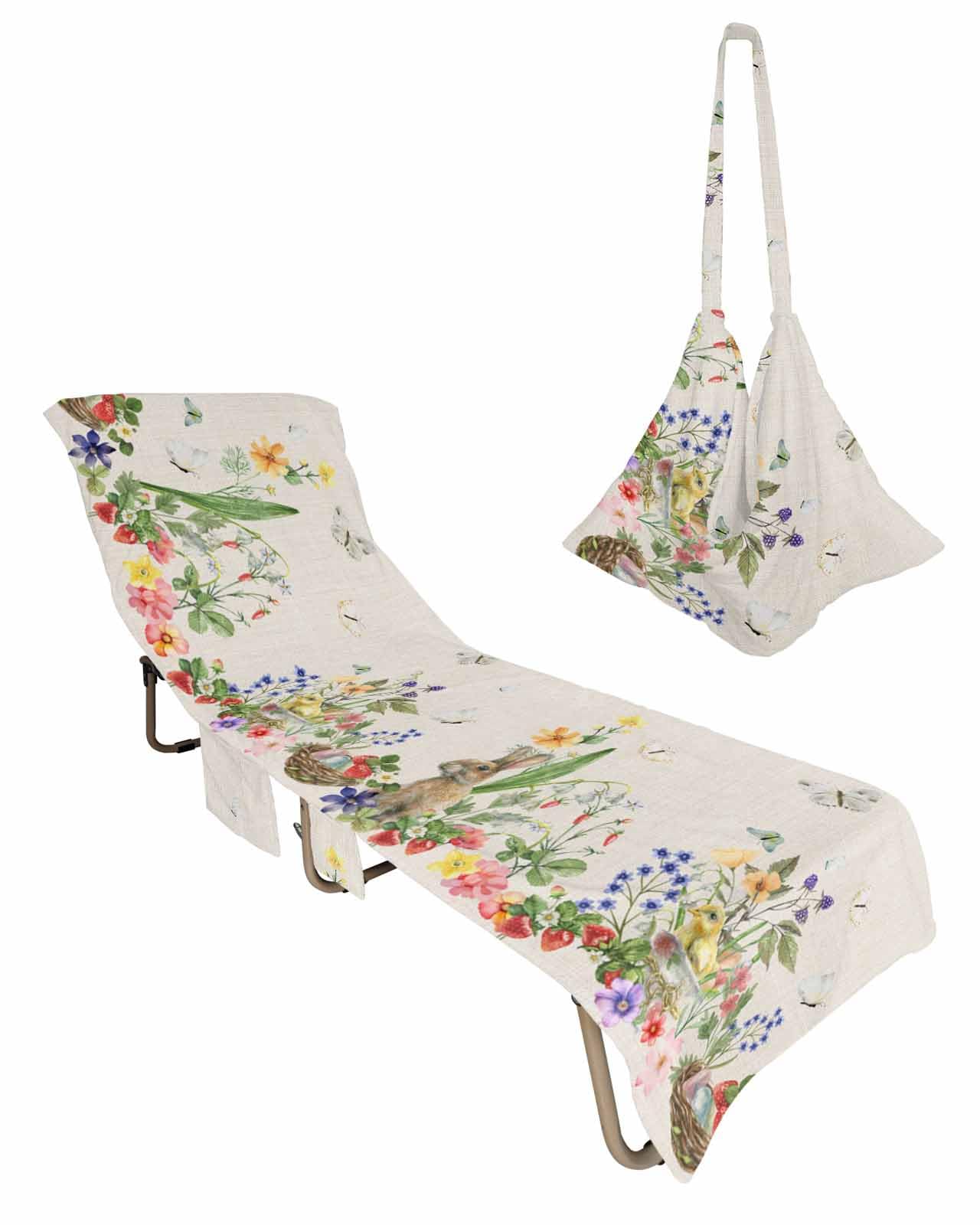 Spring Easter Beach Lounge Chair Towel Cover, Soft Chaise Lounge Towel with Side Pockets Patio Pool Chairs Cover for Beach/Pool Sunbathing 29x85 Rustic Pastoral Botanical Flowers Bunny