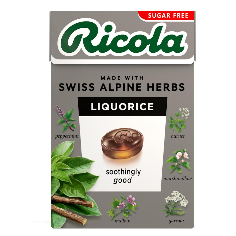 Ricola Liquorice Sugar Free Swiss Herbal Sweets, Herb Drops, Sweet Box 45g - Pack of 10 Boxes