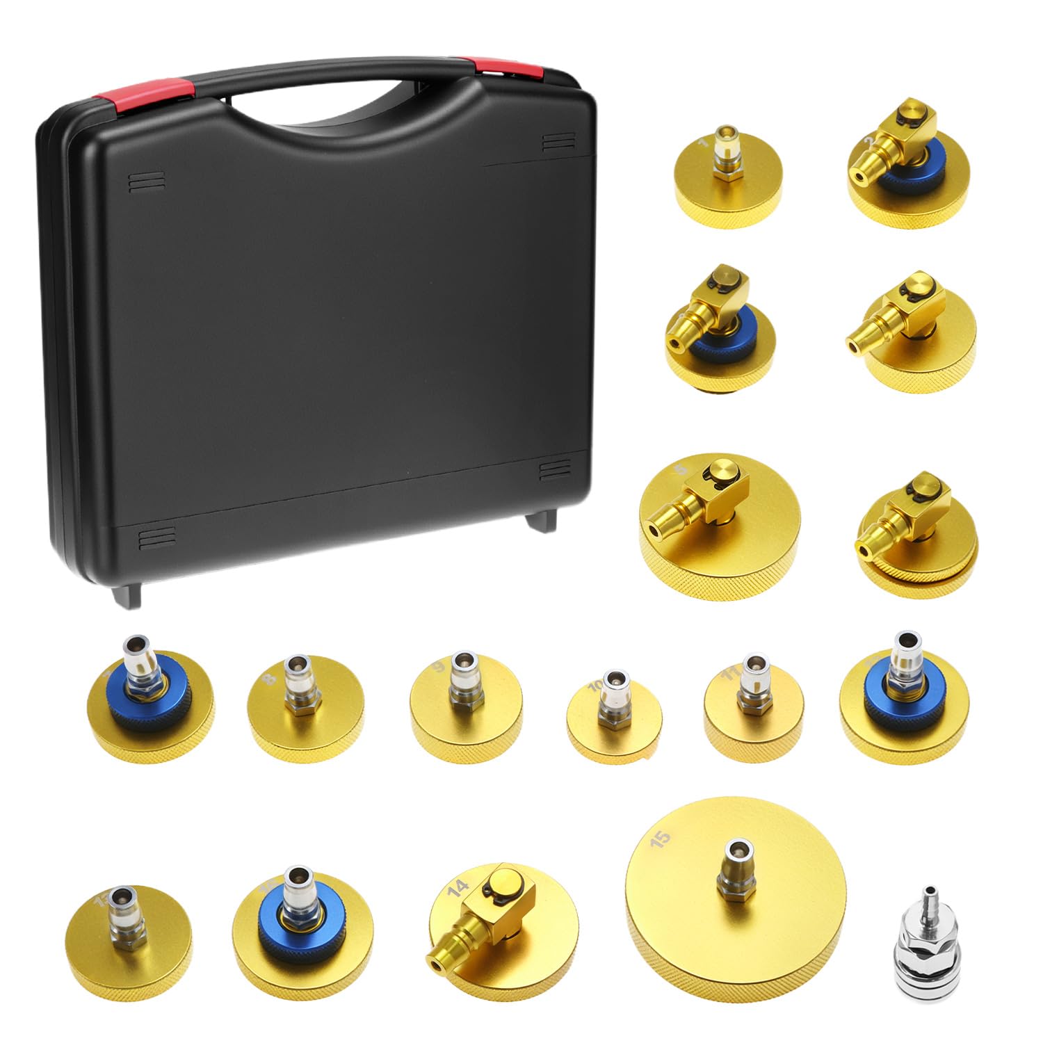 QWORK® Kit Adaptador de Purga de Frenos con acoplador rápido, Kit de 17 Piezas Conector de Cilindro Maestro Chapado en Oro para la Mayoría de los Vehículos