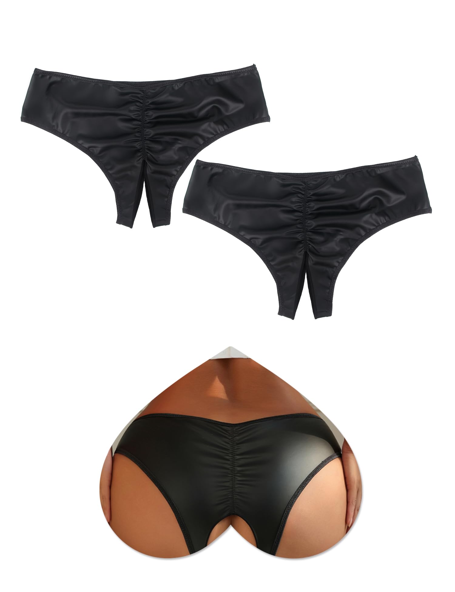 ohmydear Leder Unterhosen Frauen Sexy Unterwäsche Unten Offen 2 Pack Sexy Dessous für Damen Ouvert Slip Offener Schritt Reizwäsche Schwarz Hotpants Erotische Höschen