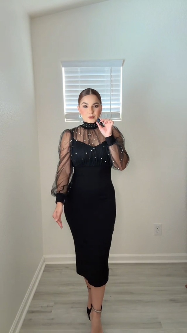 Amazon.com: CHICME Sexy Black Dress for Women Mock Neck Bodycon Midi Dress  Long Sleeve Sheer Dresses Beaded Night Club Party Dresses Black-S : Clothing,  Shoes & Jewelry