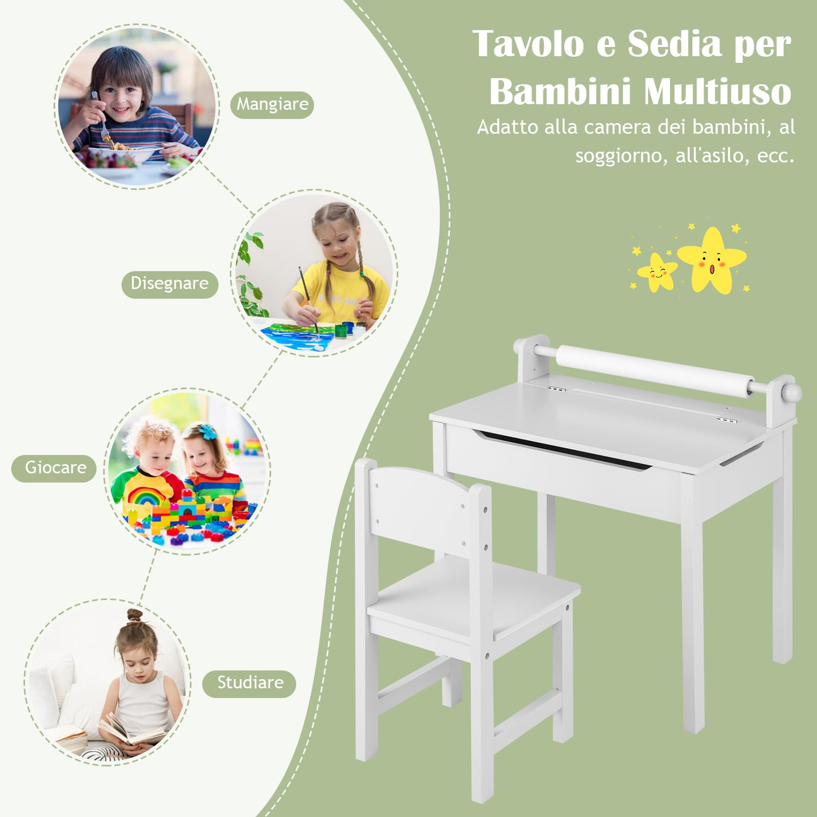 RELAX4LIFE Tavolo e Sedia D'arte per Bambini 3+ Anni con Piano Pieghevole, Scrivania e Sedia in Legno per Bambini 60 x 40 x 58 cm con Rotolo di Carta e Pennarel (Bianco)
