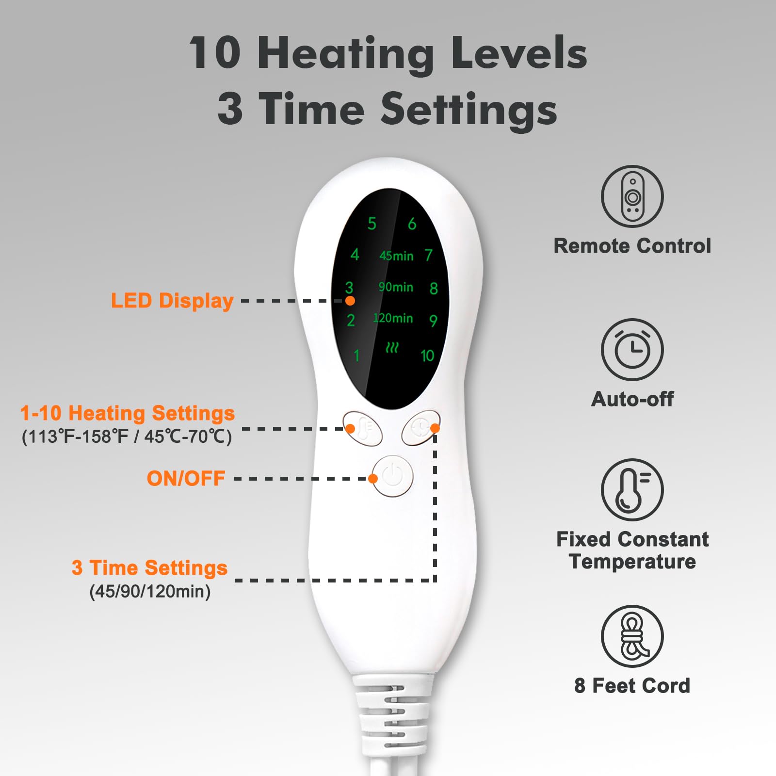 Uplayteck Termoforo Cervicale e Spalle, Cuscino Cervicale Termico, 10 Temperature, 3 Timer di Spegnimento Automatico, Riscaldamento Rapido, Adatto per Compleanno, Natale, Anniversario, Grigio, 45 x 50
