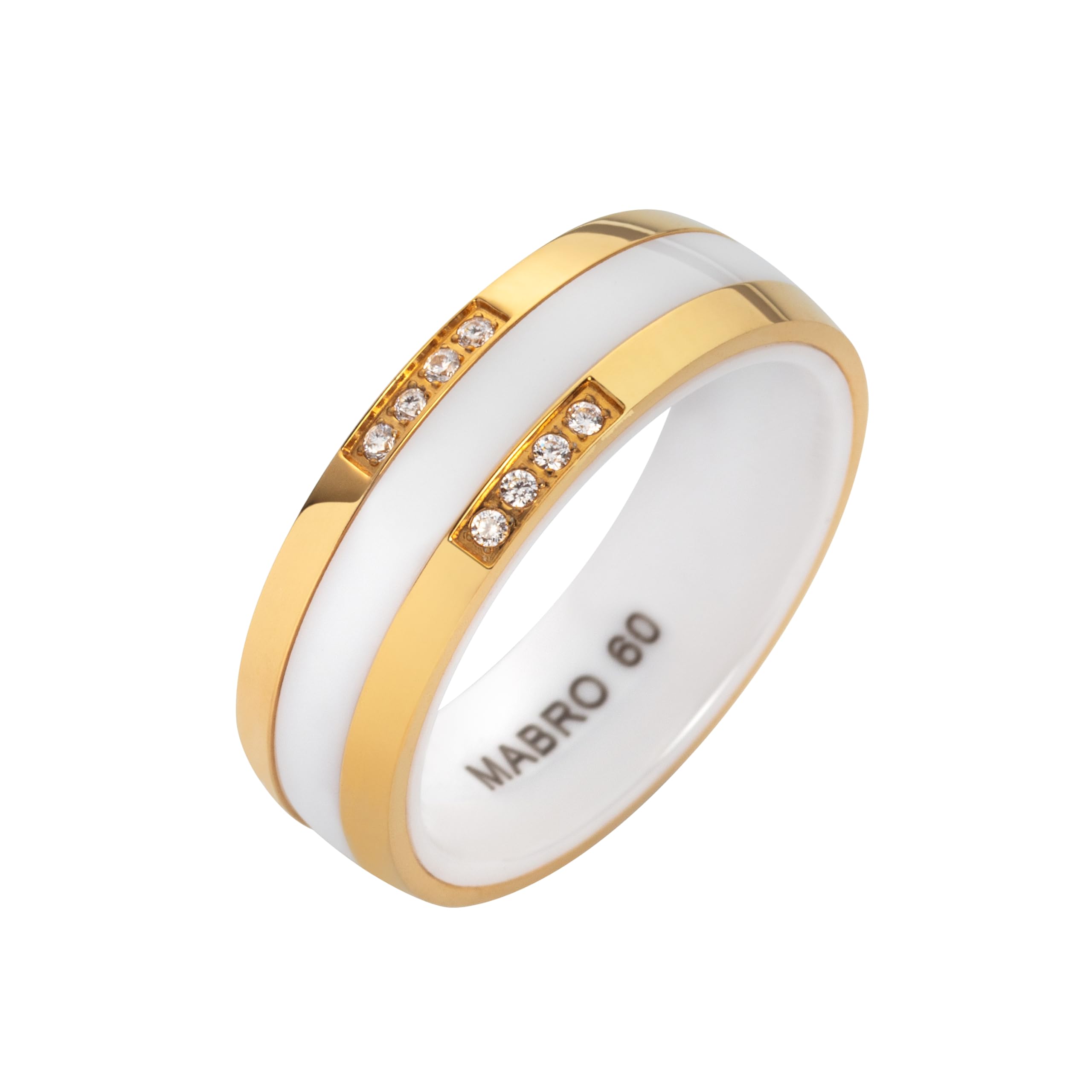 Paar Partnerringe & Eheringe aus weißer Keramik mit Edelstahleinlage PVD Gold – 7 mm Ringpaar für Sie und Ihn bis Größe 74 – Damenring mit 8 Zirkonia – Trauringe im Etui und Lasergravur | 3126