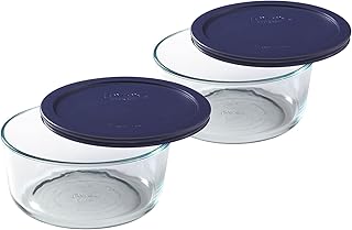 Storage Plus 7-Cup Round Glass Food Storage Dish, Blue Cover, Pack of 2