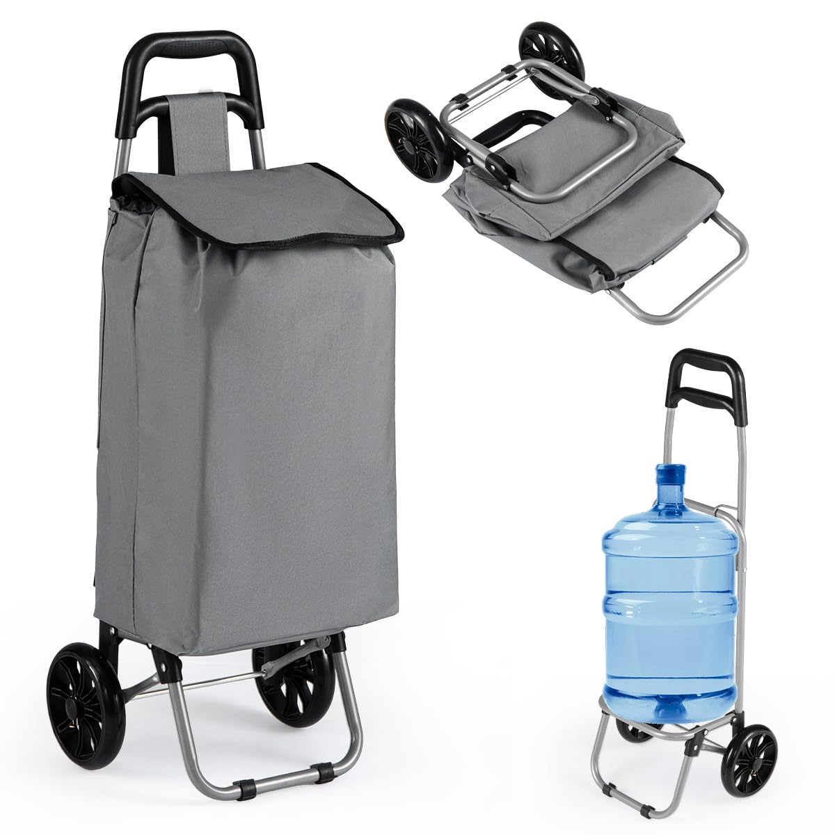 COSTWAY Wózek na zakupy, 35 l, składany wózek na zakupy z 2 kółkami, torba na zakupy z tkaniny Oxford 600D, obciążenie do 35 kg, 34 x 28 x 90 cm (szary)