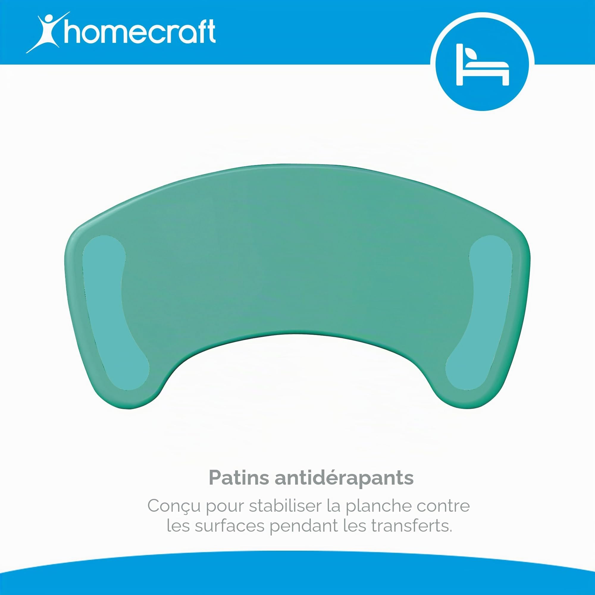 Days, planche de transfert incurvée, robuste, en plastique renforcé et imperméable, bords arrondis, extrémités antiglisse, pour personnes à mobilité réduite et utilisateurs de fauteuil roulant.