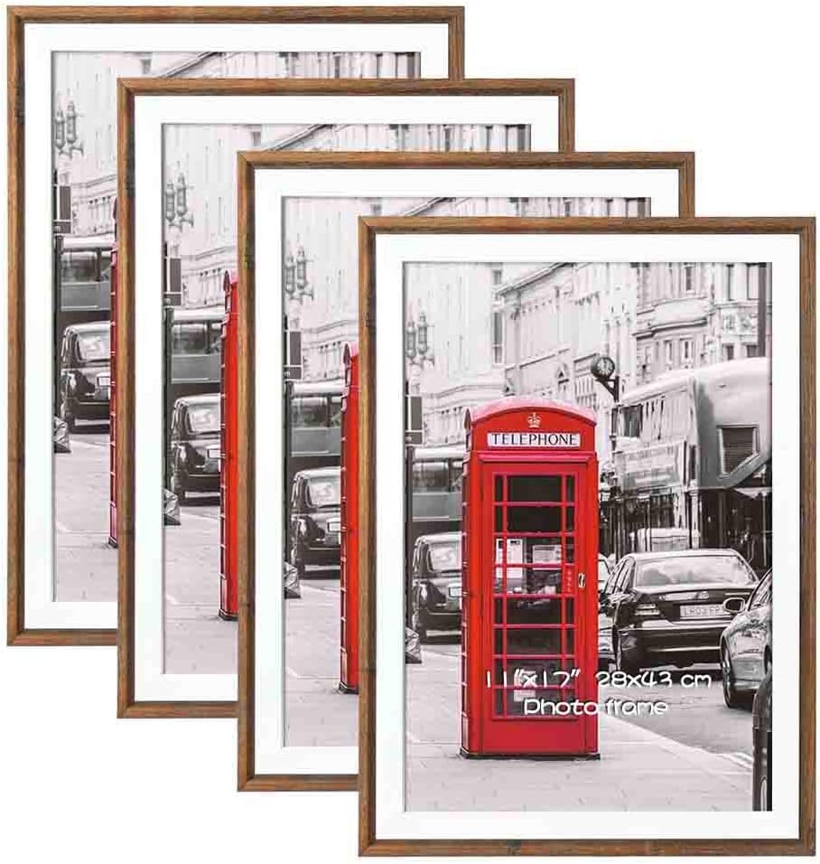 Schliersee 4 Pack 11x17 Simple Elegant Matted MDF Picture Frames,Thin Brown Frames for Posters, Prints, Artwork, Wall Gallery, For Christmas Gifts