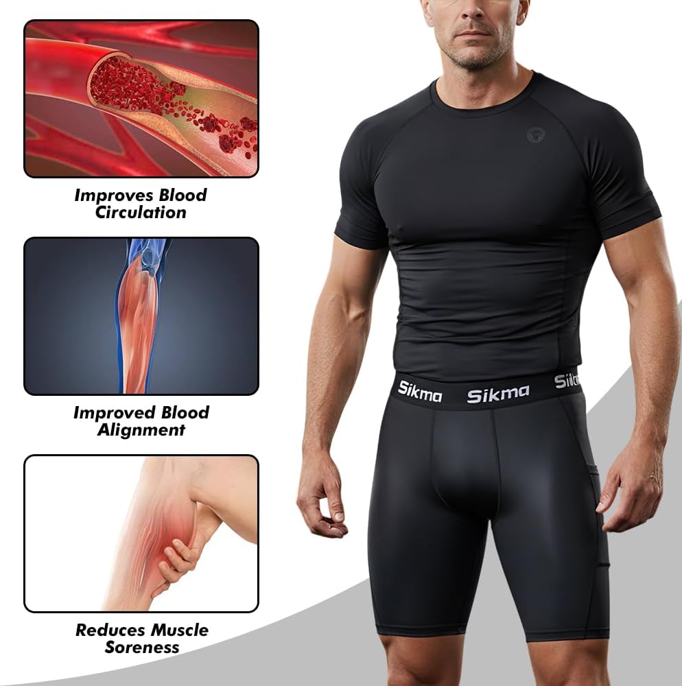 Sikma Mens Compression Boxer Shorts with Pockets Base Layer Skin Tight Briefs Sports Gym Fitness Bottom (US, Medium/Black)