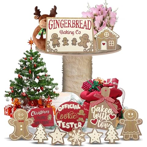Tocwick 12 pcs Christmas Tiered Tray Decor Gingerbread Decor Farmhouse Christmas Tray Decor for Home Room Table Fireplace Christmas Party Kitchen Holiday Country Decor Cover