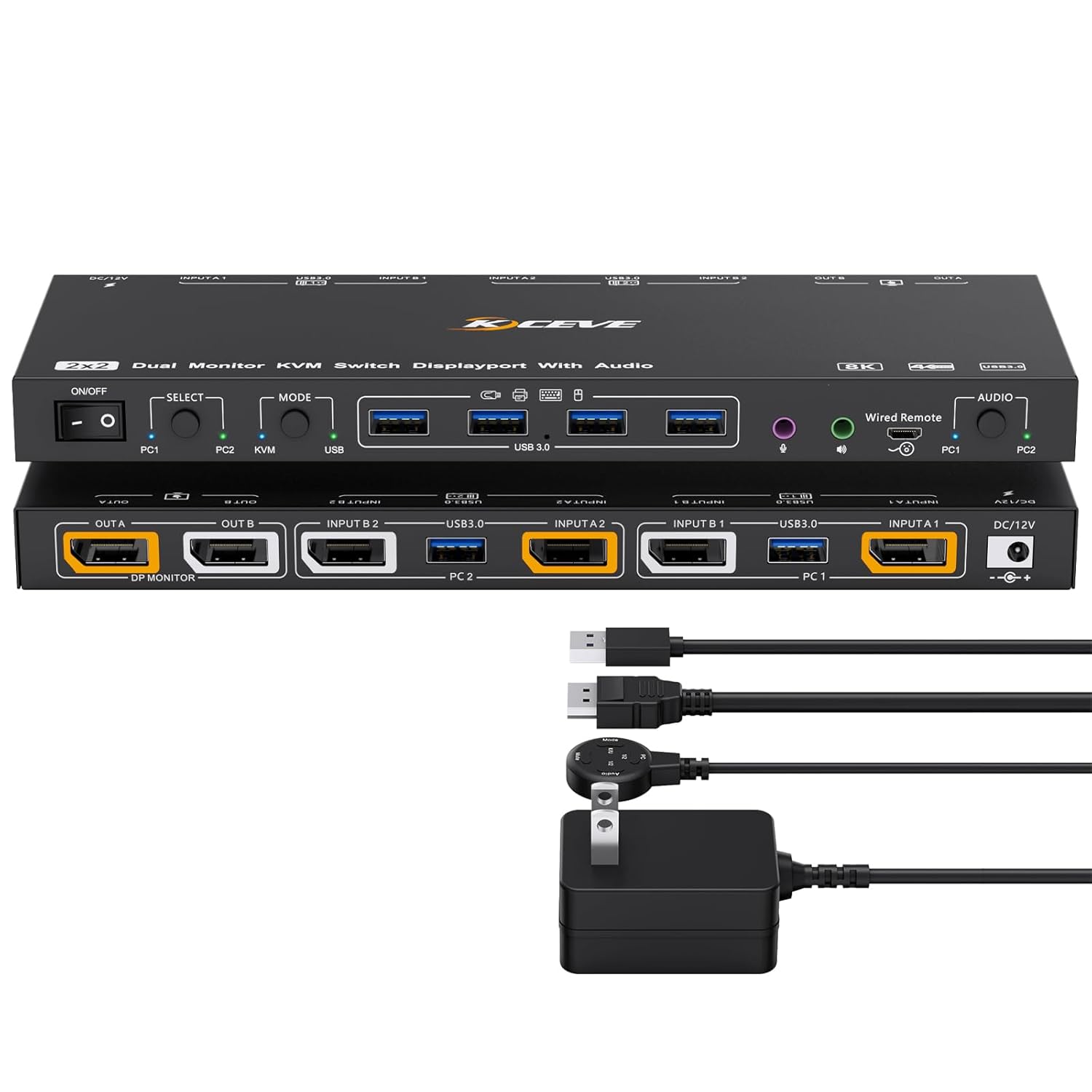 Product image of KVM Switch 2 Monitors 2 Computers Displayport with Audio, ANXQQ 8K@30Hz 4K@144Hz USB 3.0 Dual Monitor KVM Switch Displayport, KVM/USB Mode Share 4 USB Devices with Wired Control and Power Adapter