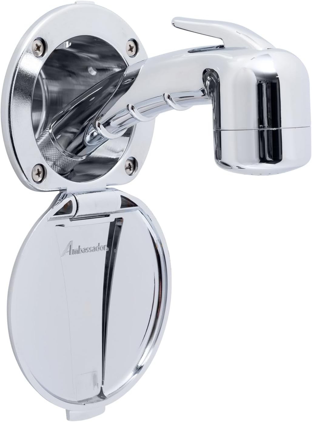 Ambassador Marine Recessed Shower- Chrome Cup & Lid, Small Chrome Sprayer (No Eyelet), 6' Black Rubber Hose - 136-0006-CP-W