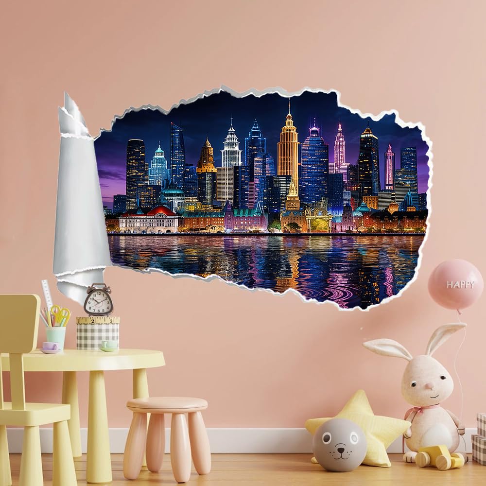 3D Wandtattoos Durchbruch Wandbild Stadtsilhouette Kinderzimmer Aufkleber Wandaufkleber Nachtansicht Wandsticker für Kinderzimmer Junge Zimmer Wohnzimmer Schlafzimmer