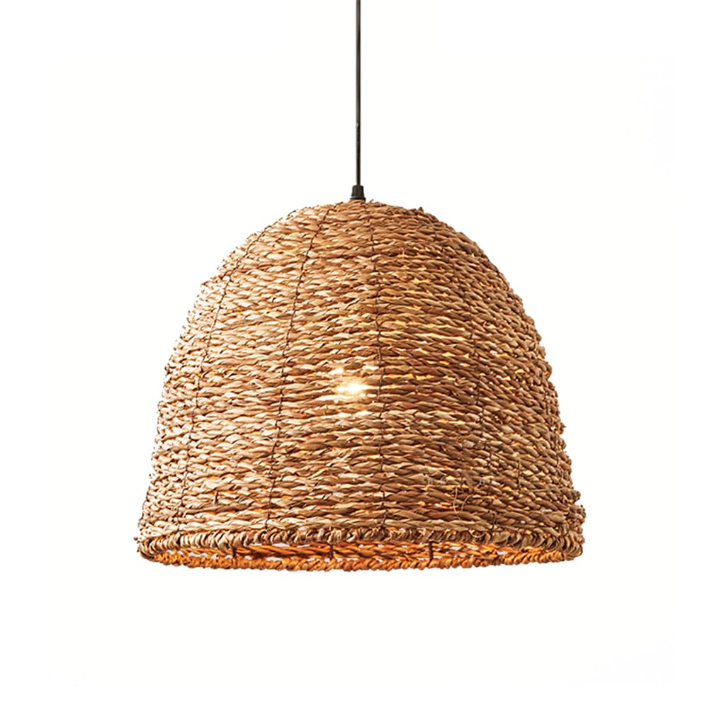 LYMSXAZOU 1 Light Rattan Chandelier Country Rustic Natural Ceiling Hanging Fixture, Farmhouse Coastal Woven Lampshade Creative Nostalgic Adjustable E27 Pendant Fixtures for Kitchen Island