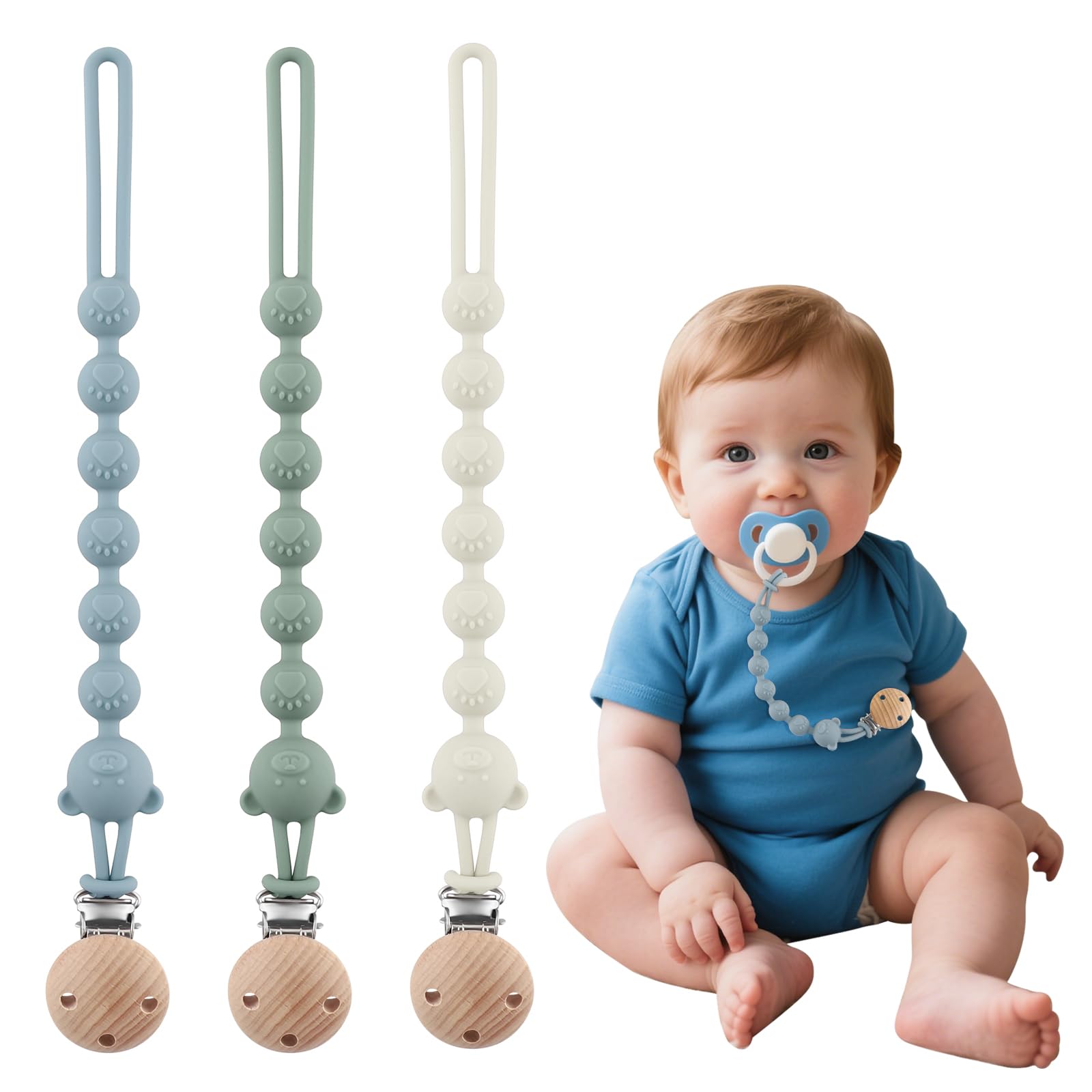 Juego de 3 cadenas para chupete de silicona, para niñas y niños, adecuada para bebé, mantiene el chupete limpio, suave, flexible, libre de BPA, duradera, alta resistencia, verde almendra, azul