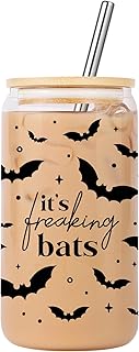 Gothic Bat Iced Coffee Cup, 16oz Glass with Lid and Straw, Spooky Gifts for Bat Lovers