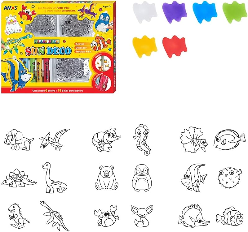 AMOS Sun Deco Window Art Suncatcher Kit — 10.5 ml x 6 Colors — 18 Small Suncatchers for Kids (Animal World Mix), DIY Stained Glass Painting Craft Kit
