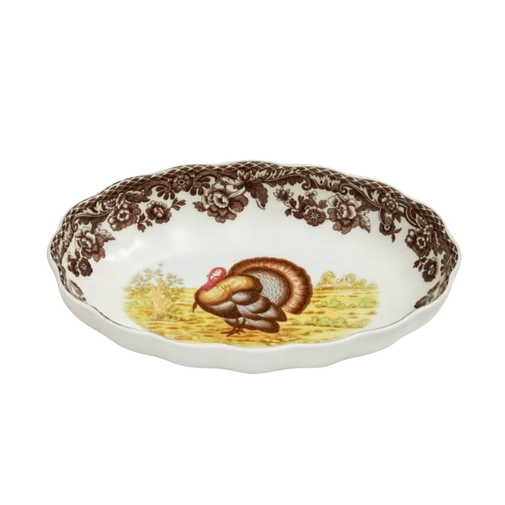 Spode Woodland Turkey Oval Fluted Dish - Porcelain Thanksgiving Tray, Serve Appetizers or Desserts with Archival Floral Border, 6 Inch Oval Sideboard Dish - Oven, Microwave, Freezer Safe