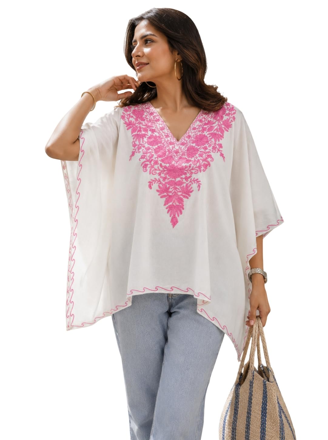 Women's Cotton Kashmiri Aari Embroidered Kaftan Top, Boho Floral V-Neck, Summer Casual Wear | Length 25 Inch | Free Size |-picture-30