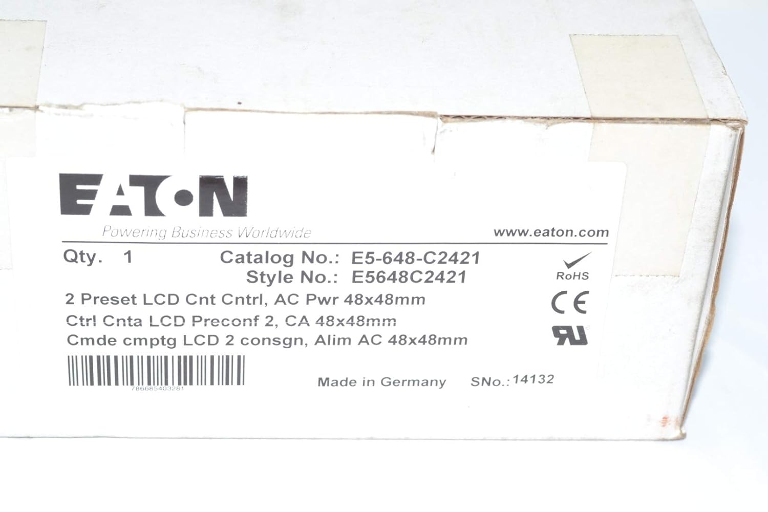 Eaton E5-648-C2421 Preset Counter, 2 Presets, LCD Display, 1/16 DIN Size, 6 Digits, 90-260VAC Supply Voltage