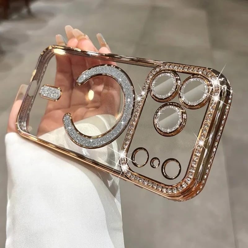Image of for iPhone 17 Pro Max Magnetic Glitter Case,Luxury Bling Rhinestone Diamond Plated Bumper Case Sparkle Camera Lens Protection Clear Cover for iPhone 17 Pro Max (Gold)