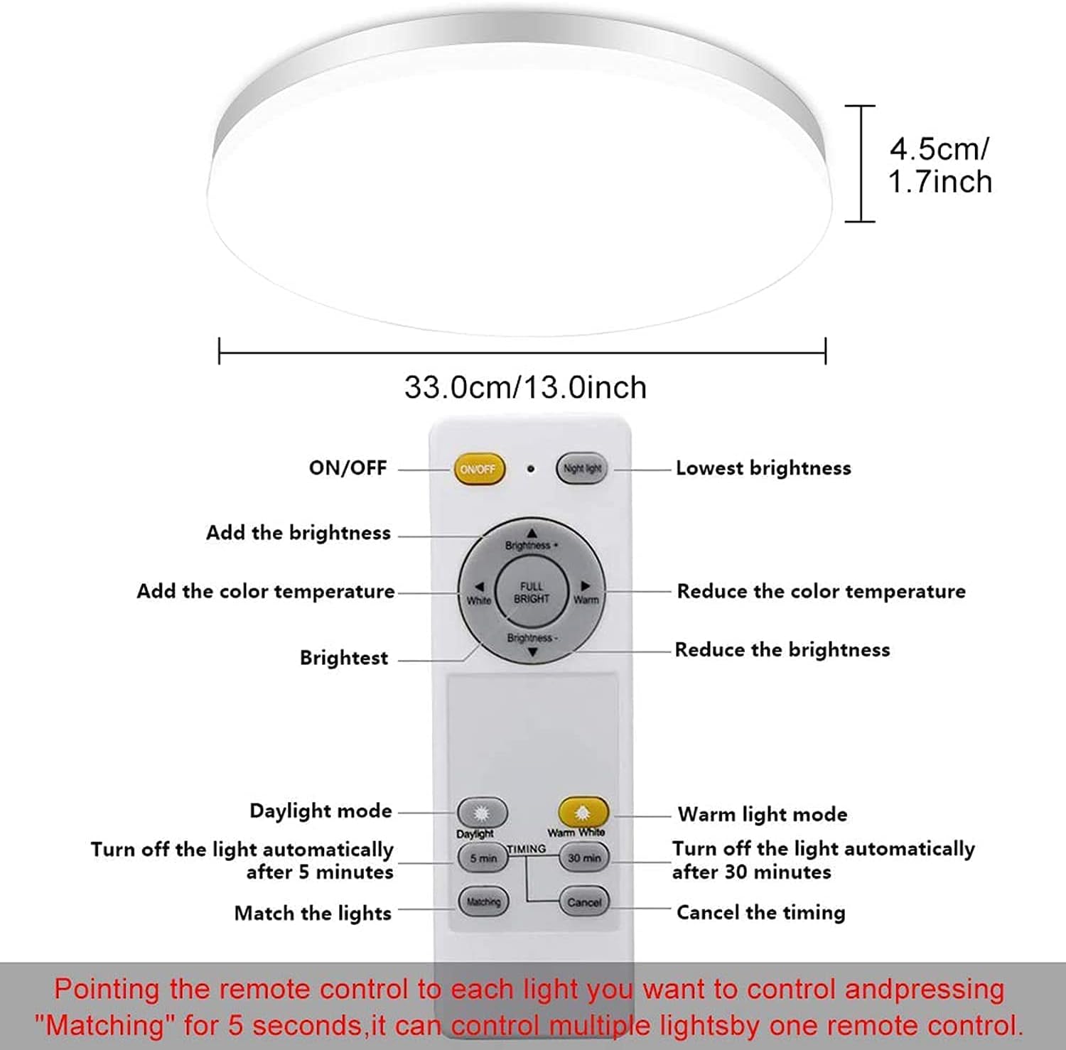 DLLT 24W Modern Dimmable Led Flush Mount Ceiling Light Fixture with Remote-13 Inch Round Close to Ceiling Lights for Bedroom/Kitchen/Dining Room Lighting, Timing, 3000K-6000K 3 Light Color Changeable