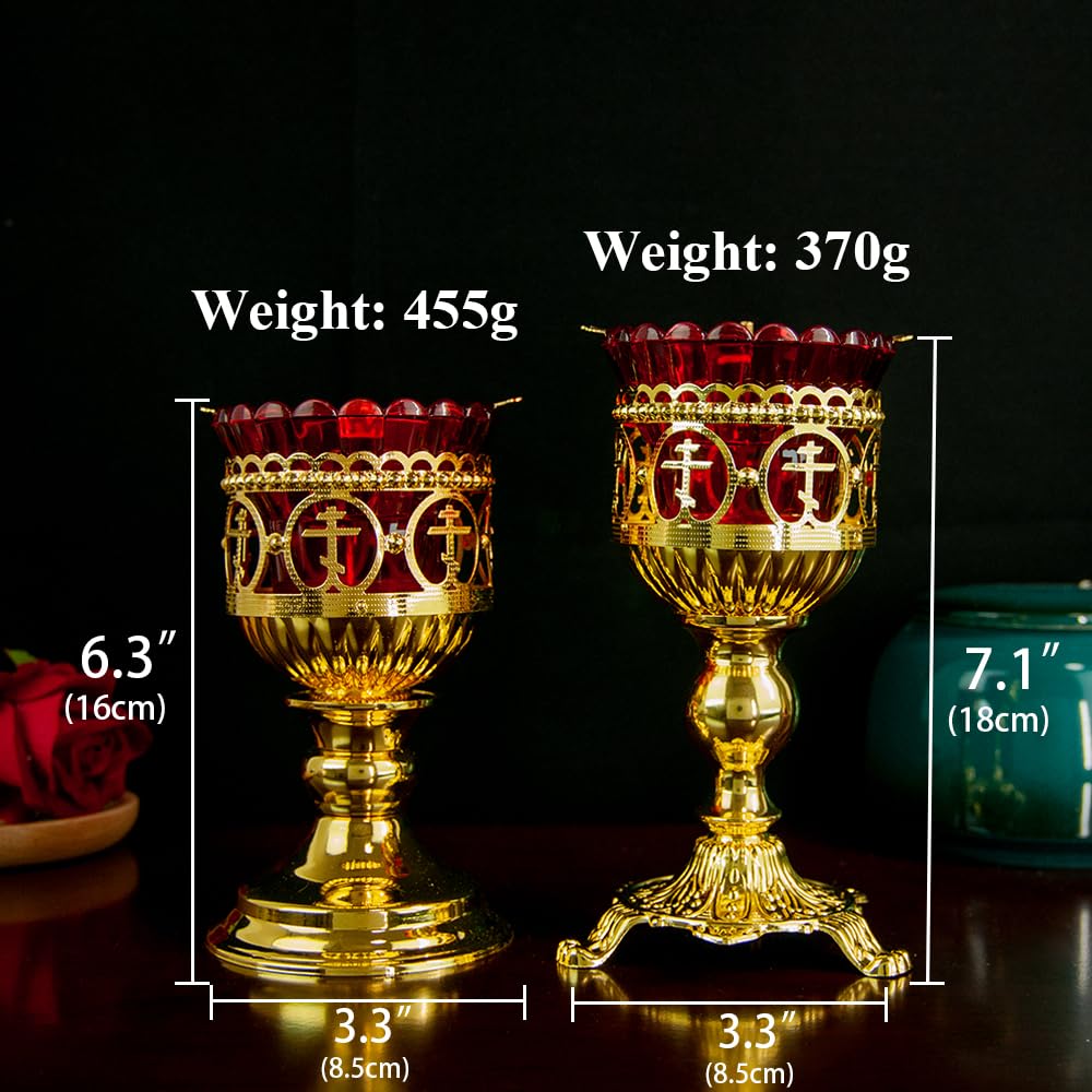Lampada ortodossa per chiesa ortodossa, portacandele ortodossa placcata oro con tazza di vetro rosso, lampada a olio con design a croce a 3 barre per preghiera domestica, culto della chiesa