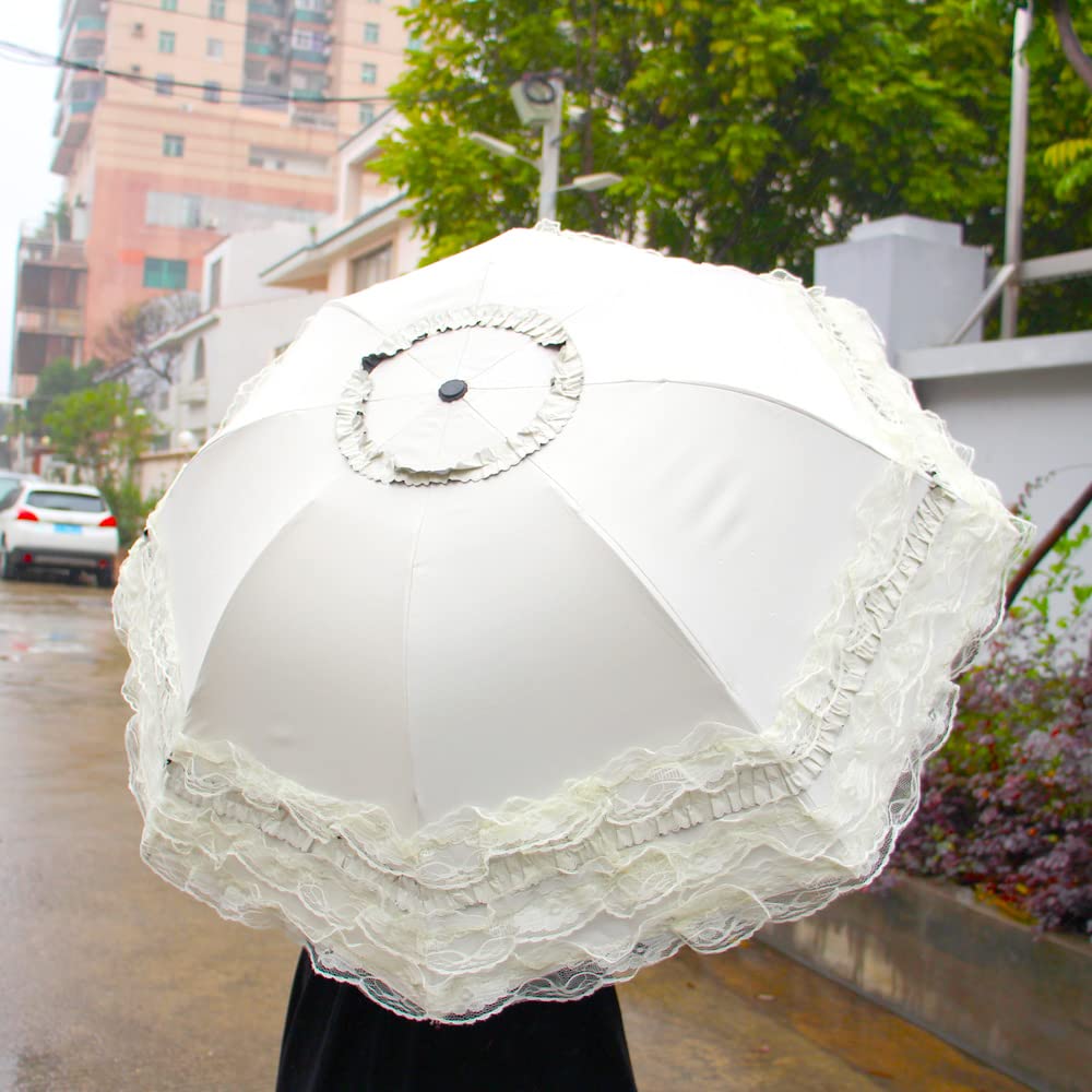 WANLIAN Parasol en Dentelle Pliable Parapluie de Voyage Résistant aux UV pour Femmes et Filles, Blanc
