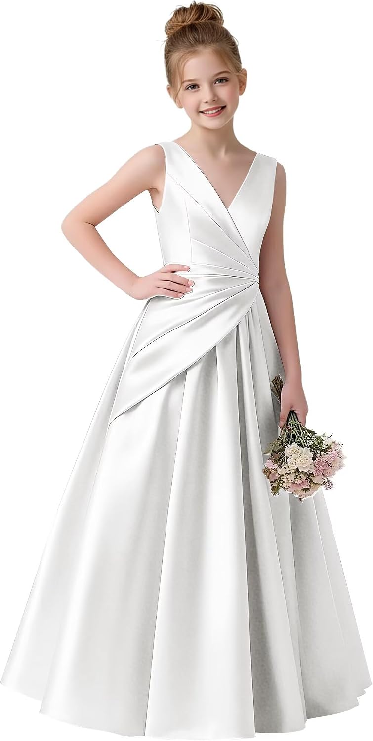 dideyttawl Pleated Satin Junior Bridesmaid A-Line Flower Girl Wedding Party Gown with V-Neck for Pageant 2786