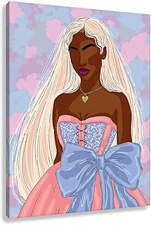 Novup Black Barbie Art Wall Canvas Print Decor Pictures Painting Artwork Fashion Portrait African American Woman Dreamy Dress Big Bow Golden Hair Pink Blue Bedroom Living Room 30X40Inch