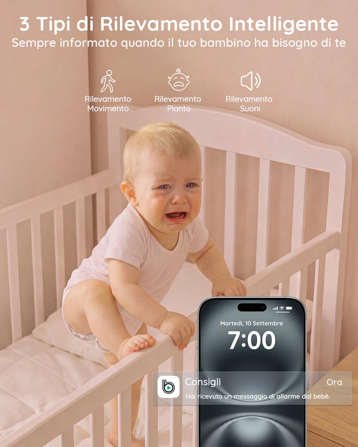 BOIFUN Baby monitor 5" con schermo diviso e 2 telecamere, baby monitor WiFi 2K tramite schermo e controllo tramite app, registrazione e riproduzione, sensore di temperatura e umidità