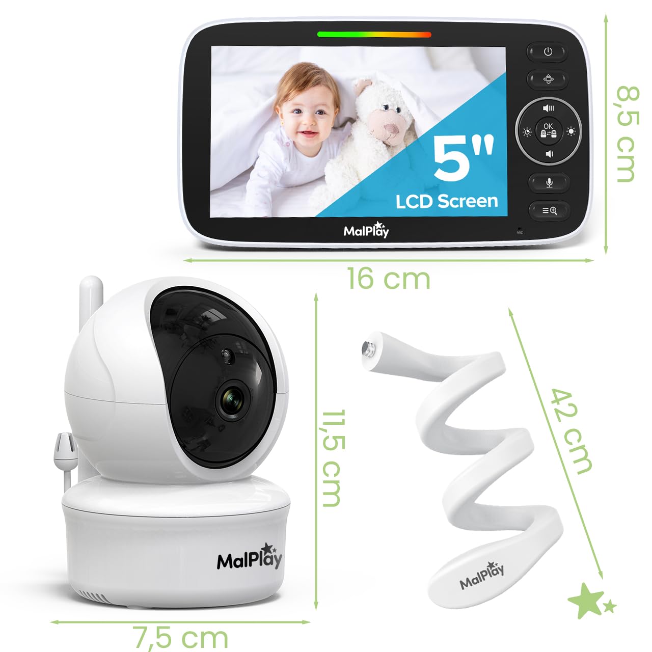 MalPlay Babyfon z kamerą 5 cali HD bez WLAN, wideofon dla niemowląt z noktowizorem, tryb VOX, dwukierunkowe audio, 4X zoom, monitorowanie temperatury, kołysanki, zasięg 300 m NannyEye Complex