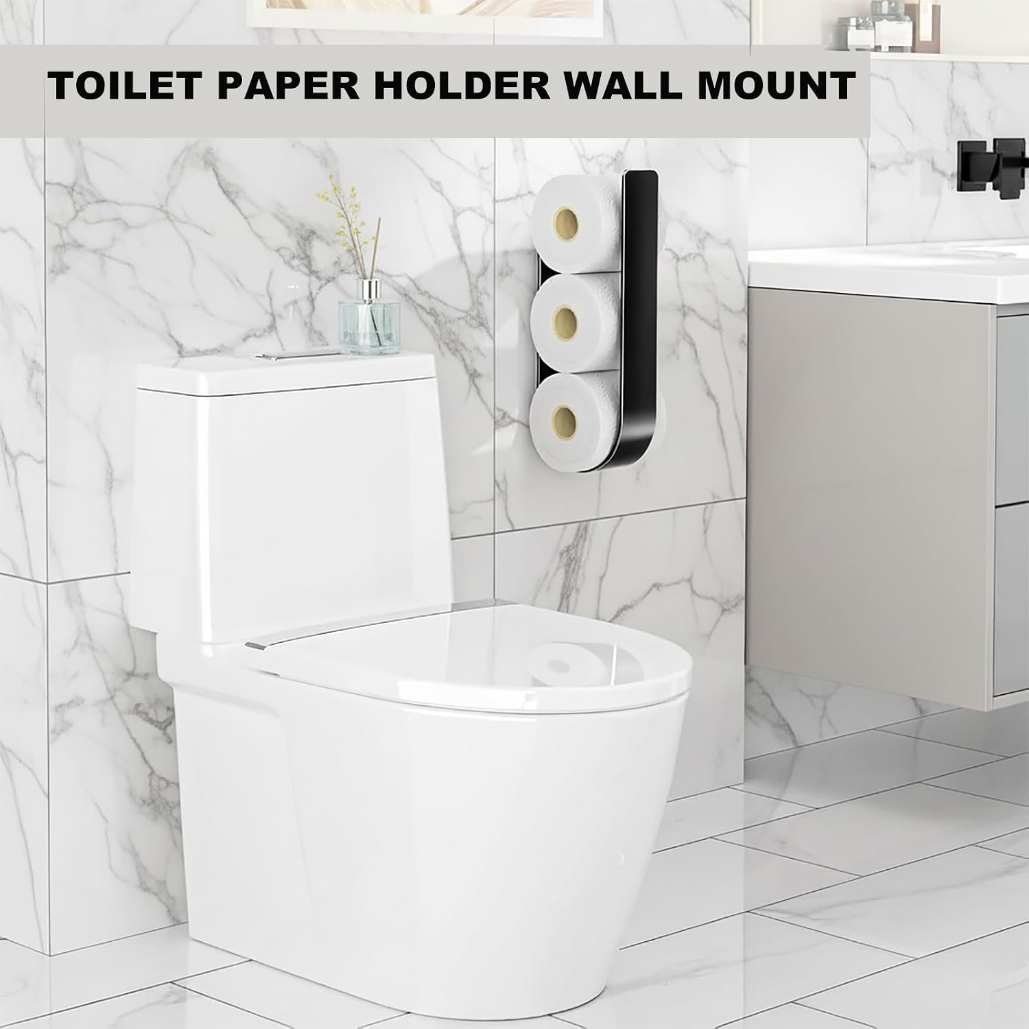 Wall Mounted Toilet Paper Holder, Toilet Paper Storage Holder for 3 Rolls, Black 12 Inch 2-Pack, Curved Design, Ideal for RV & Bathroom Use