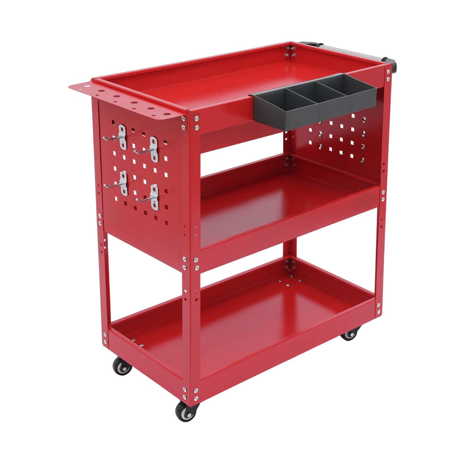 Carro de herramientas con capacidad de carga de 250 kg, con asa, carro de taller, carrito de transporte, carro de montaje con 3 niveles (rojo)