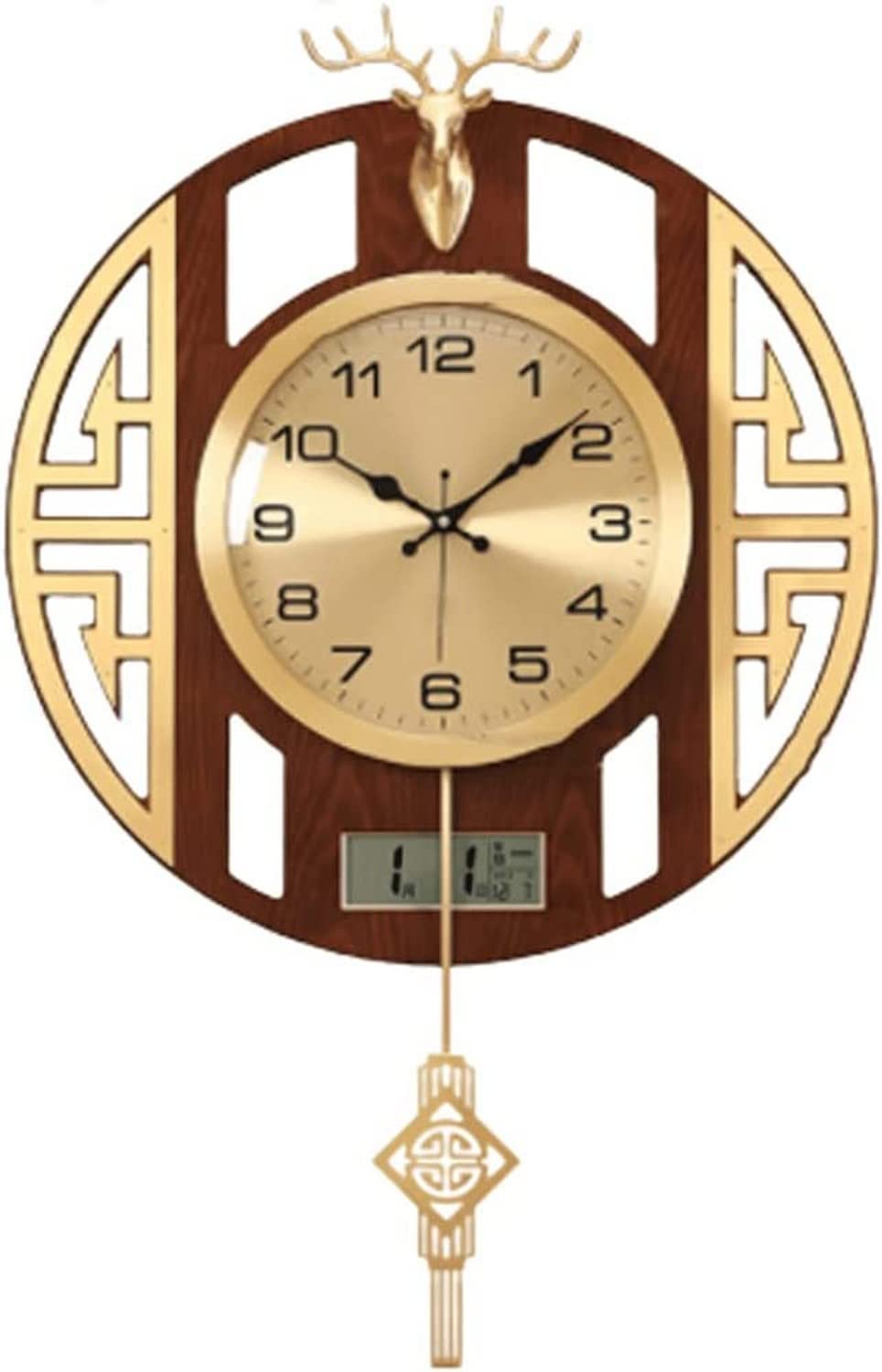 SaryEdge Wall Clock Art Large Wall Clock Metal Wall Clock with Date,Month,Day of Week Silent Non-Ticking Operated Clock with Pendulum Creative Deer Decor Wall Decor Clock,-I,I-B,I-B
