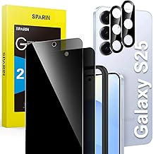 SPARIN Tempered Glass Screen Protector for Samsung Galaxy S25 Privacy Screen, 2 Privacy Screen Protectors and 2 Camera Protection, with Frame Positioning Aid, Fingerprint ID Support, Pack of 2 + 2, 9H Hardness