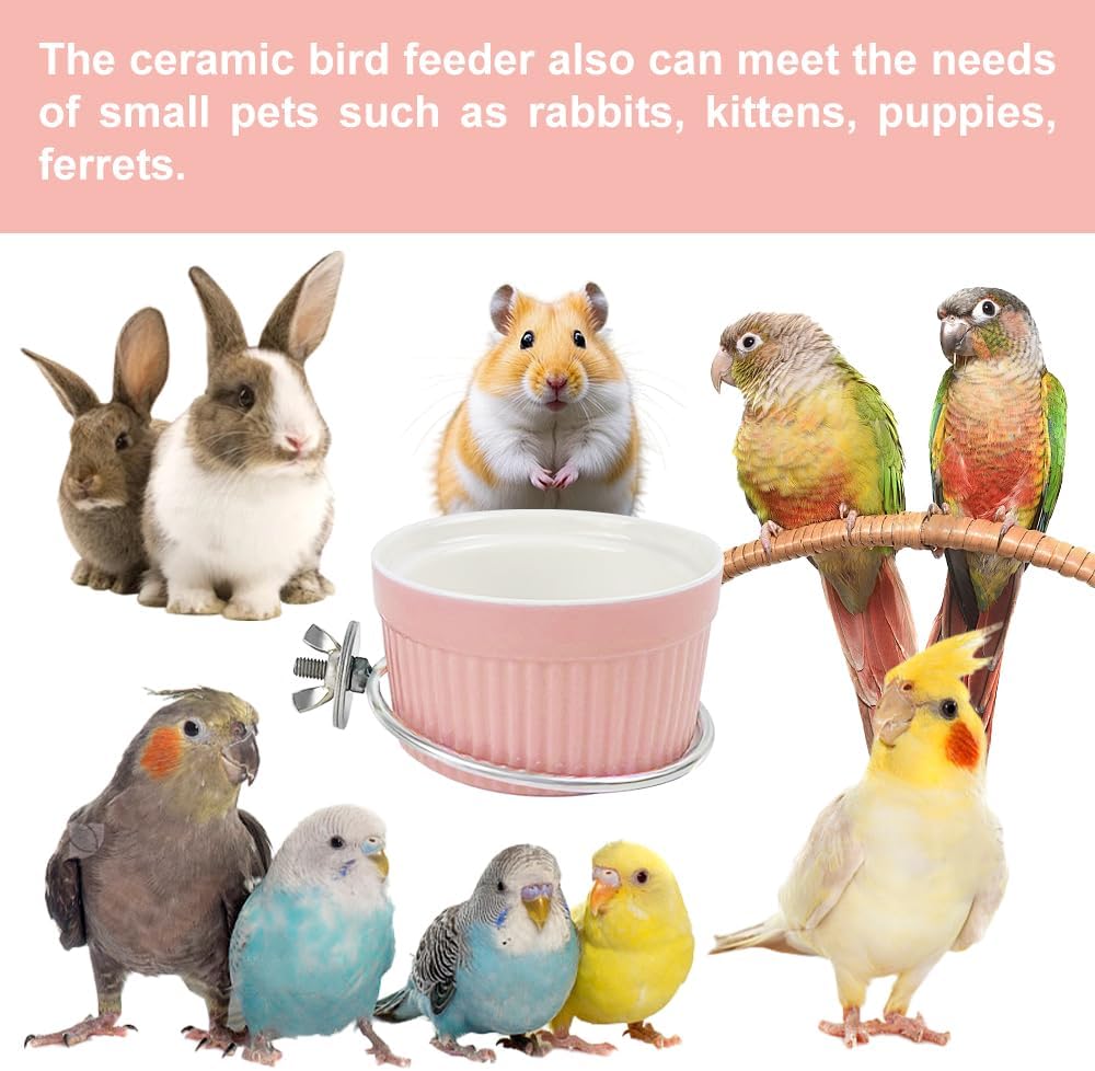 Bird Cage Feeder Parrot Food Cage Bowl Clamp Holder Coop Cup, Ceramic Bird Cage Water Bowl, Pet Feeder Cage for Parakeet African Greys Conure Cockatiels Lovebird Budgie Chinchilla-Pink