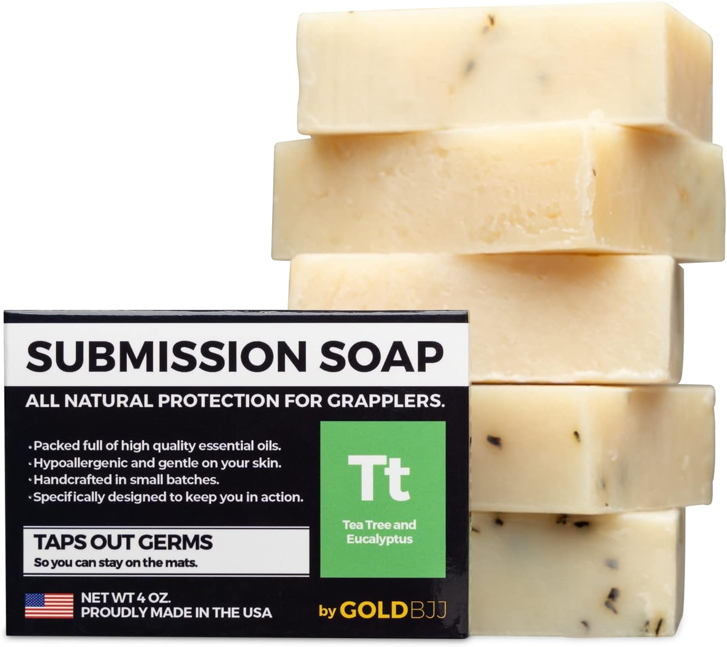 Gold BJJ Premium Tea Tree Oil Soap - USA Made Bar Soap for Jiu Jitsu, Wrestling, and Grappling (5-Pack of 4 Ounce Soap Bars, Classic Tea Tree)