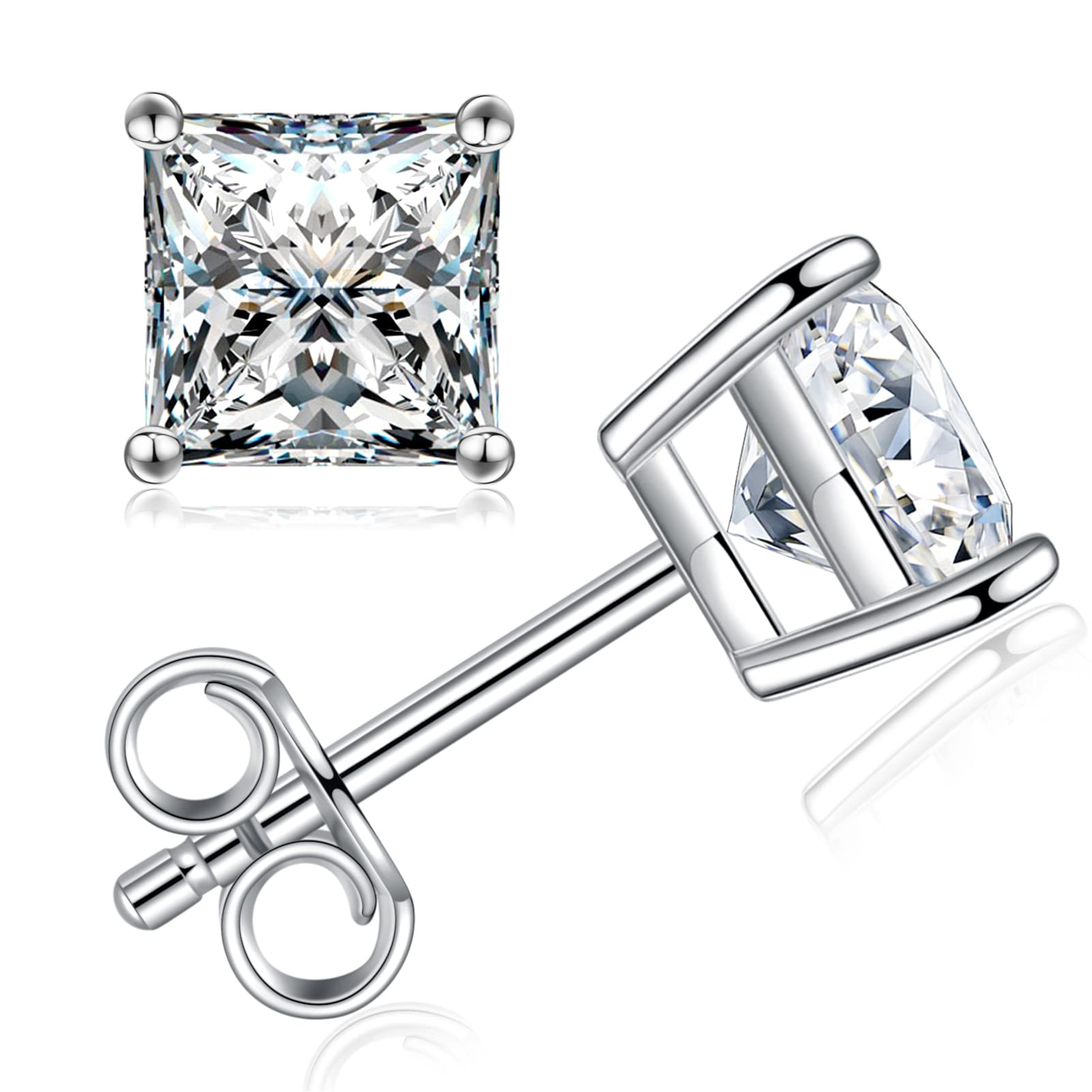 ImpalsoryPrincess Cut Moissanite Stud Earrings for Women Men, 18K White Gold Plated S925 Sterling Silver D Color VVS1 Clarity 0.3ct-3ct Lab Created Moissanite Earrings Promise Birthday Christmas Gift