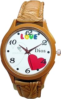 ساعة يد نسائية عصرية، بحزام من الجلد المنقوش، بثلاث عقارب ذهبية على مينا بيضاء برسومات ملونة، بحجم واضح ومناسب 3.5 سم مناسبه للاستخدام اليومي والهدايا