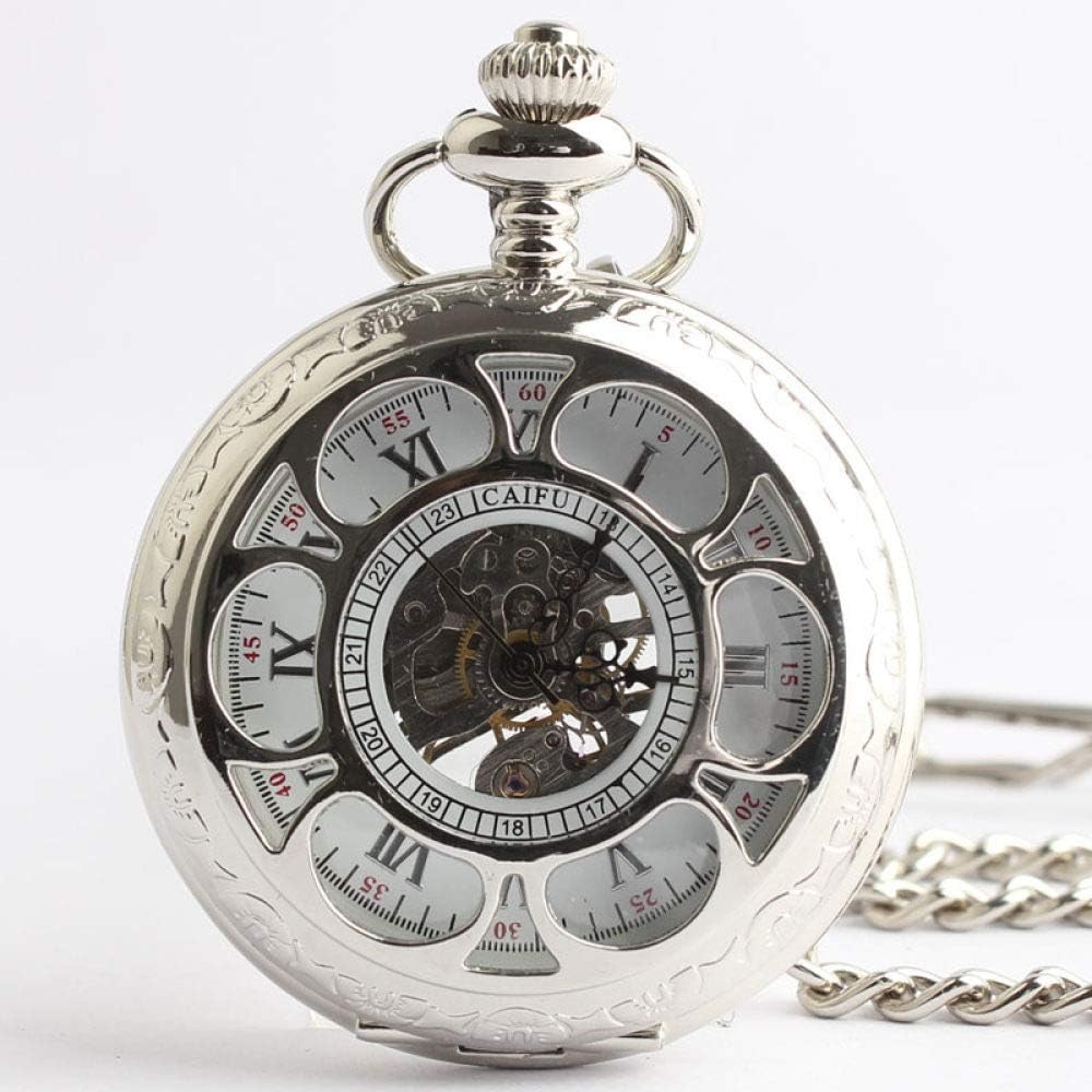 OIFMKC Pocket Watch Silver Flower Men Pocket Watch Unisex Mechanical Hand-Winding Watch Xmas Gift