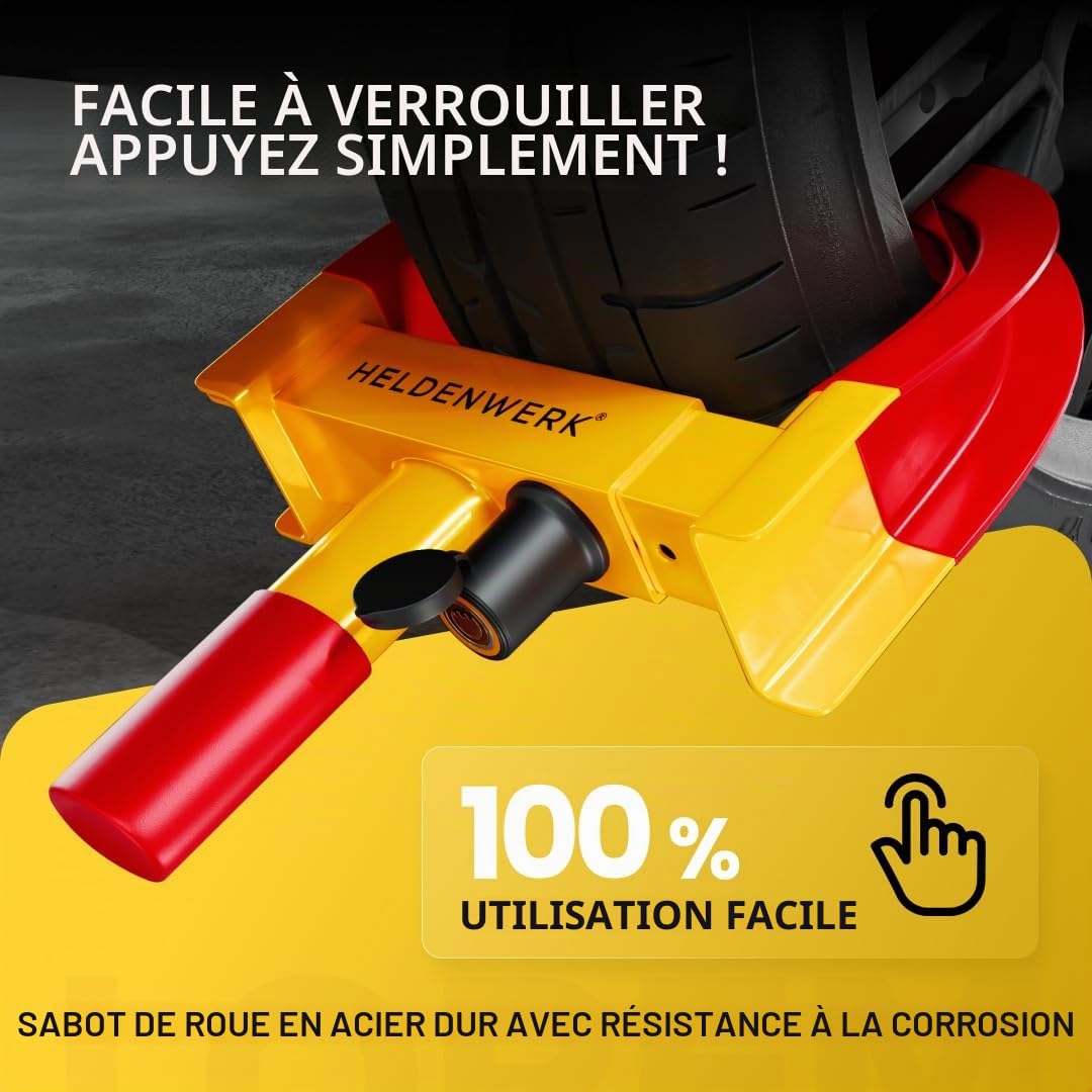 HELDENWERK Sabot de roue avec serrure de haute sécurité et 3 clés – Pour remorque, camping-car, caravane, voiture – Sabot de roue de voiture, griffe de roue pour pneus de 18 à 30 cm de largeur (jaune