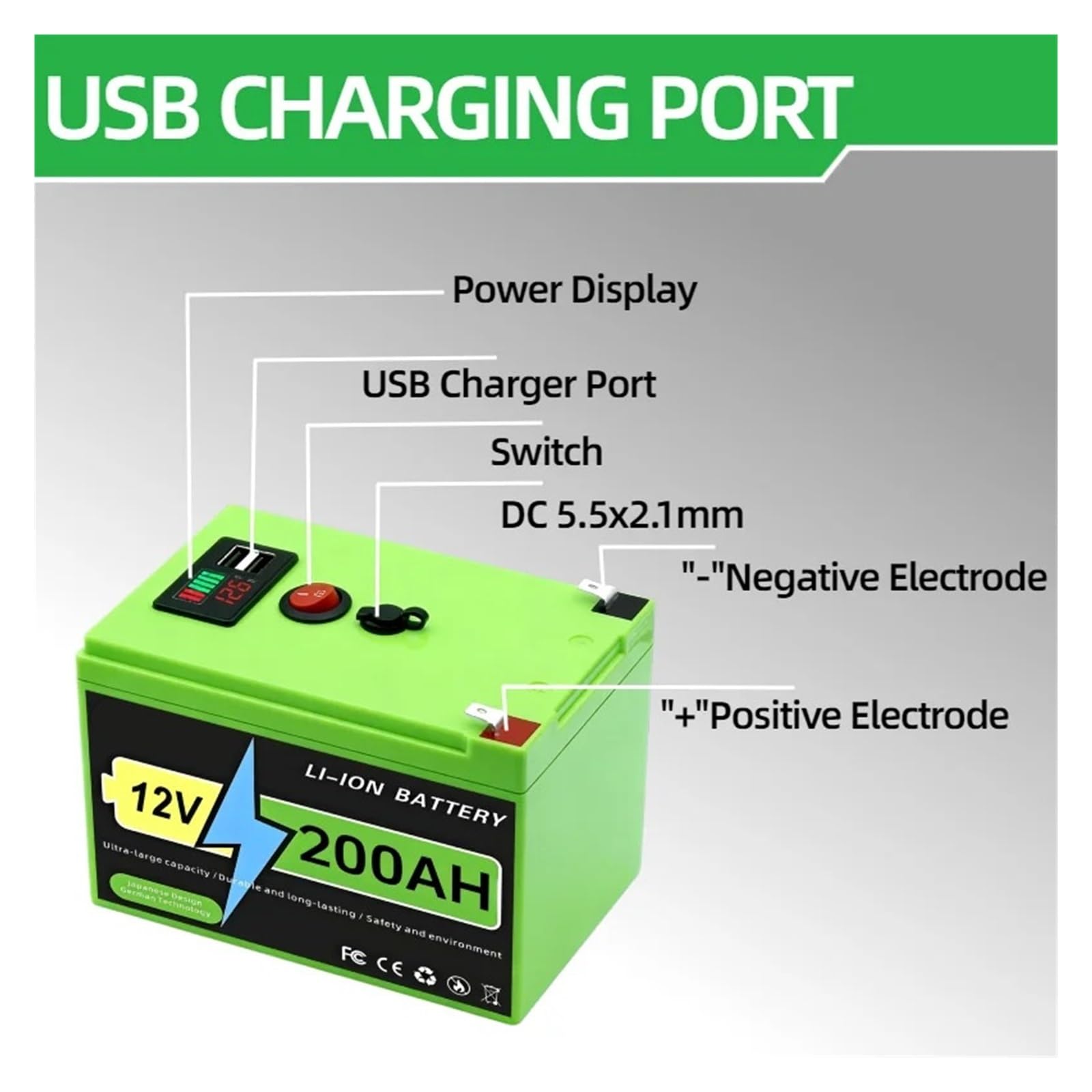 Batería solar LiFePO4 de 12V y 200Ah, litio BMS incorporado recargable de ciclo profundo de 200000mAh for ruedas eléctricas, scooters y buscadores de peces(200Ah x1 Charger x1)