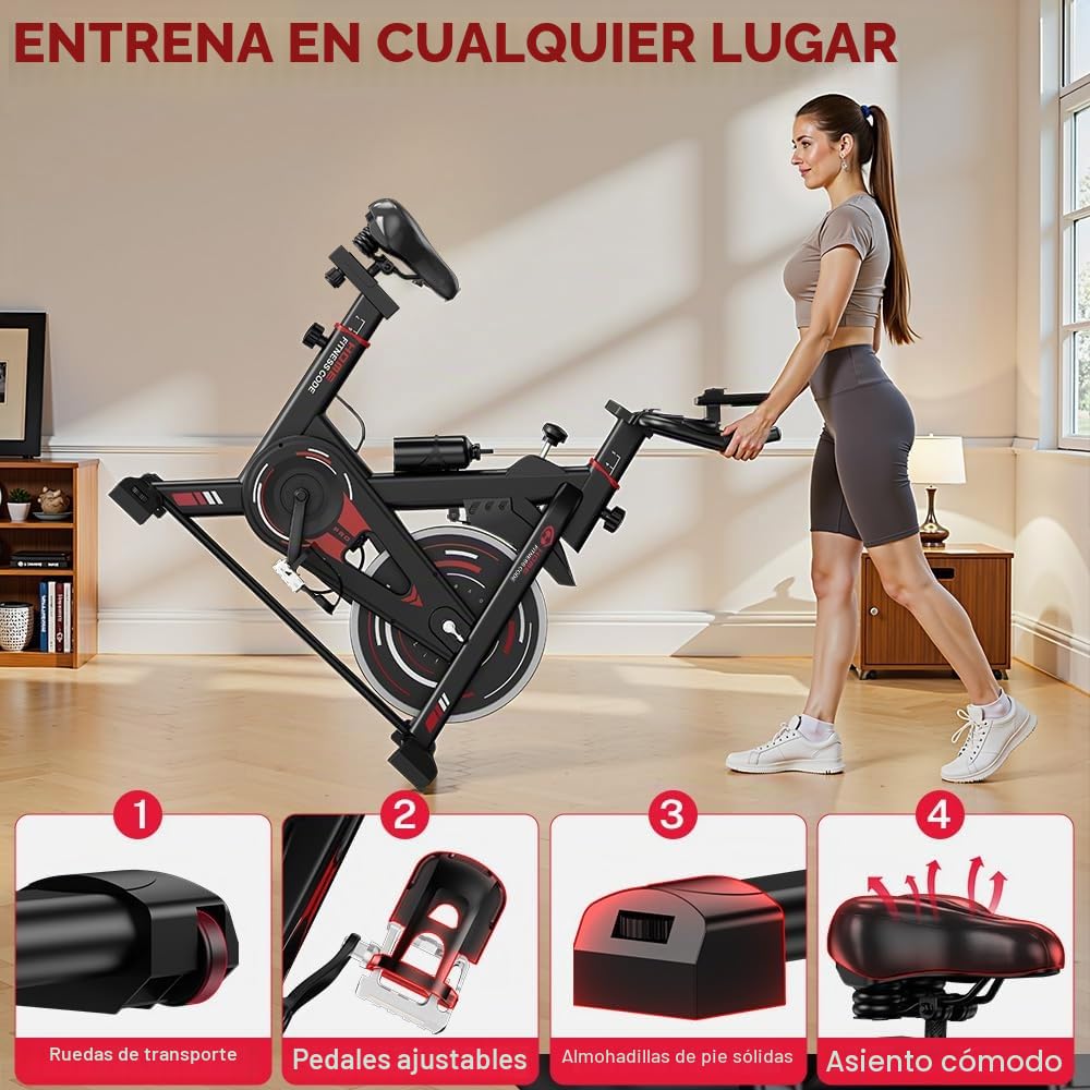 Bicicleta estática estacionaria, equipo de gimnasio en casa, asiento y manillar ajustables, monitor LCD y soporte para tableta, 0-100% de resistencia, entrenamiento cardiovascular en