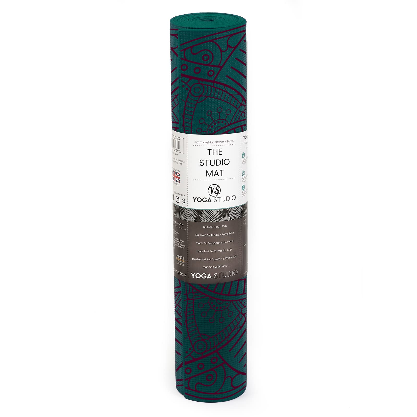 Yoga Studio Esterilla de yoga diseñada – 183 cm x 61 cm, tapete de yoga antideslizante de 6 mm, tapete de PVC a prueba de desgarros (verde azulado gota de rocío Mandala)