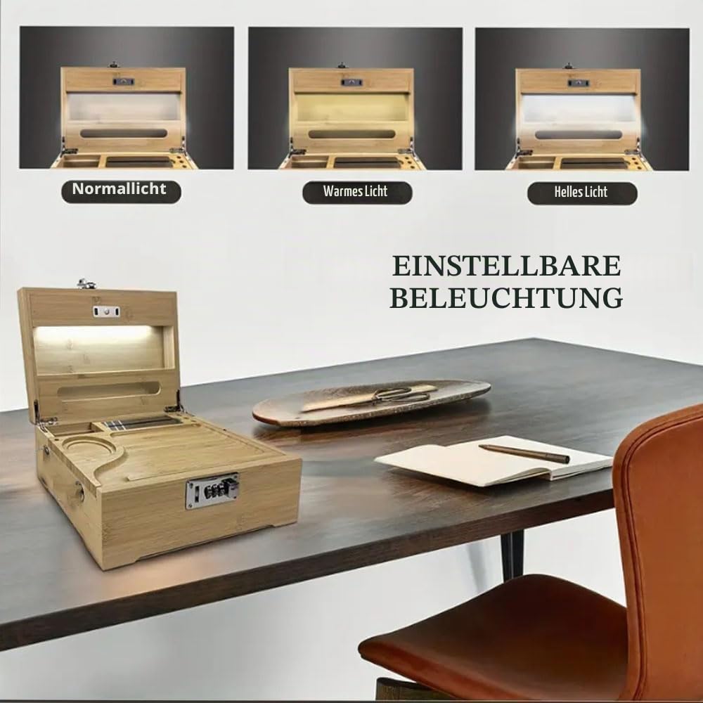 Großes Bambus Box Tablett Set Mit Zahlenschloss,Premium Herausnehmbares Tablett, Und Alles Zubehör(27 * 18 * 15 cm Primärfarbe)