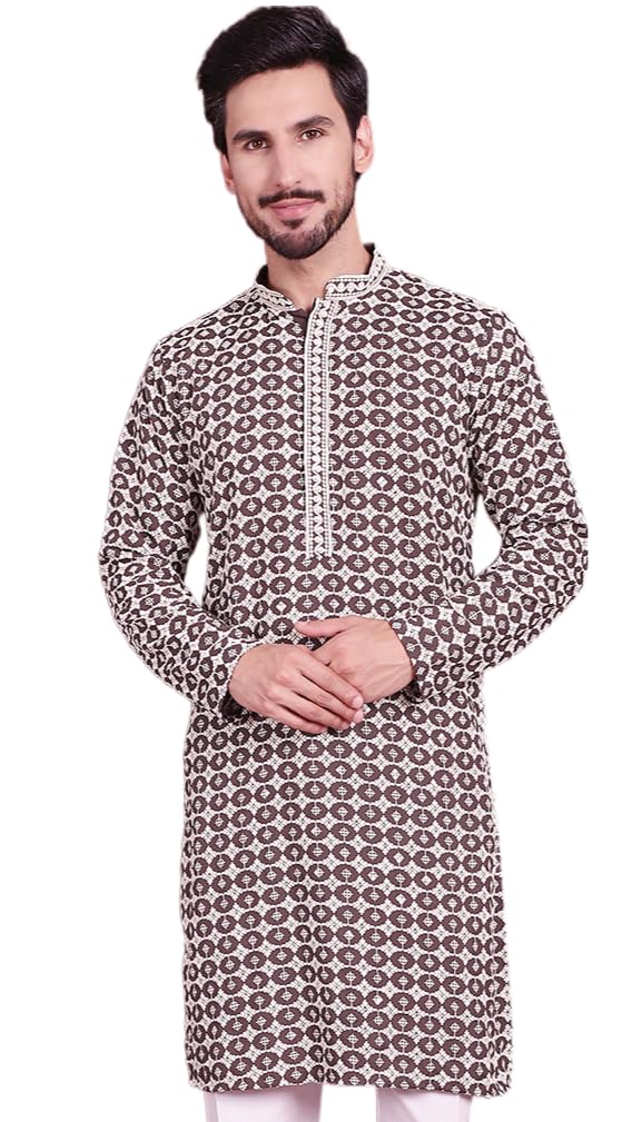 Jompers Men's Sequins Embroidered Kurtas (Brown, L)