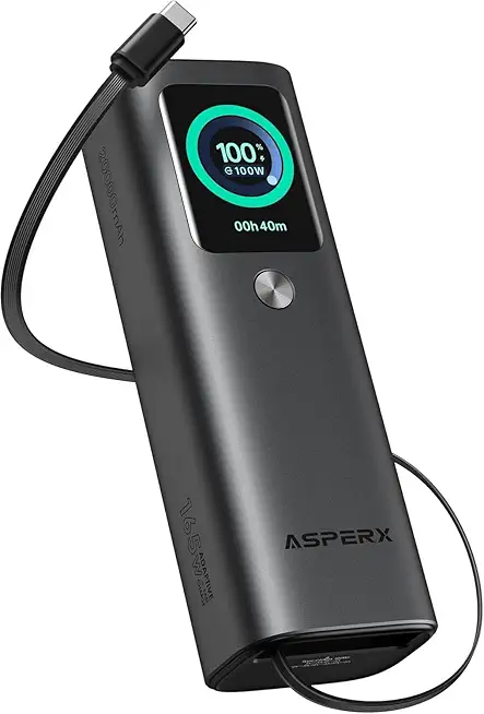 AsperX Power Bank 20000mAh, Insgesamt 165W, 2X 100W USB-C Ports Schnellladung,Alulegierung Laptop Powerbank,Eingebaute 60cm Einziehbare Kabel,TFT-Display,Akkupack fur iPhone 17/16/15,MacBook,Samsung