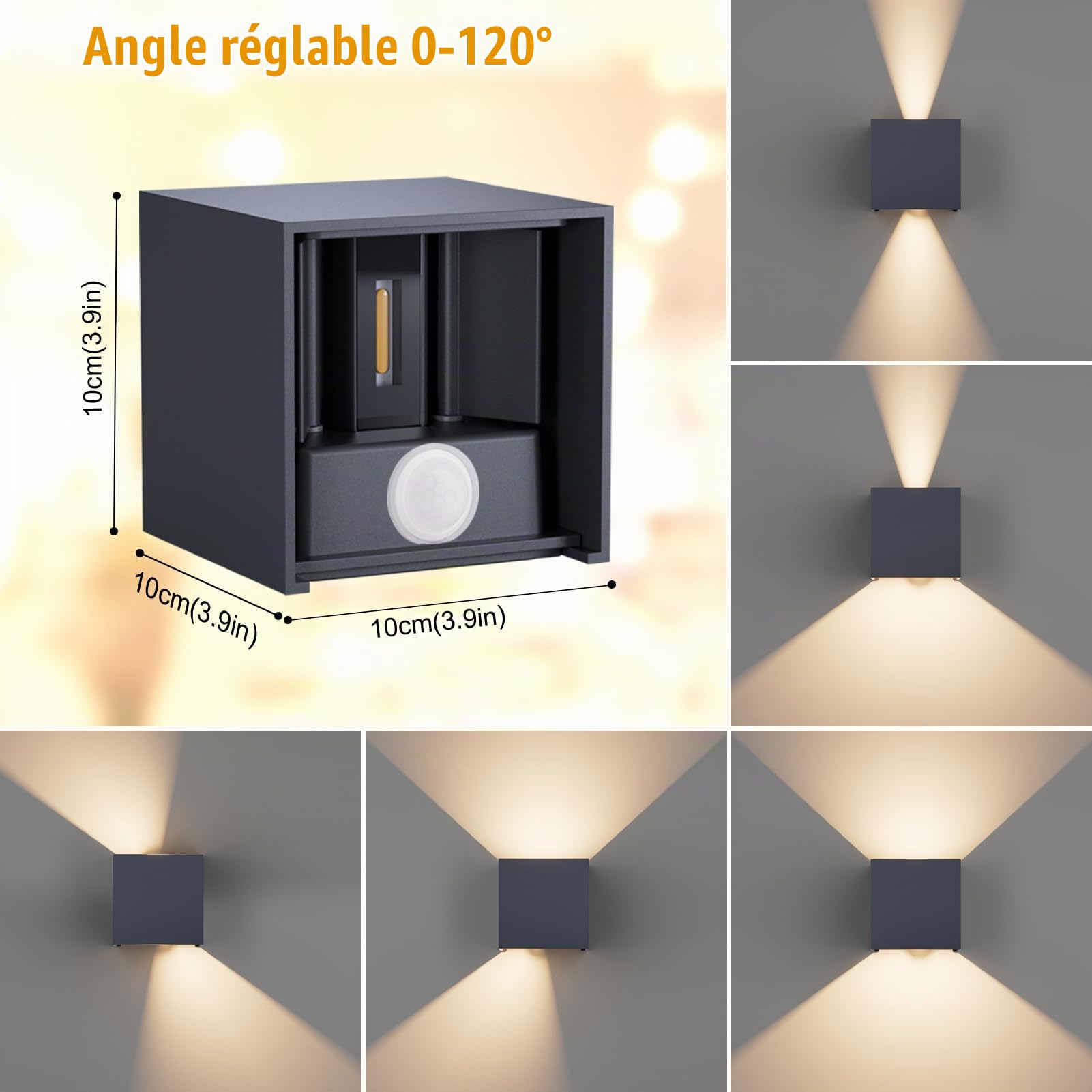Klighten 4PCS Applique Murale Extérieur avec Détecteur de Mouvement 12W,IP65 Éclairage Mural extérieur/intérieur avec Angle de Faisceau Réglable, Applique Murale Up Down,3000K,Anthracite
