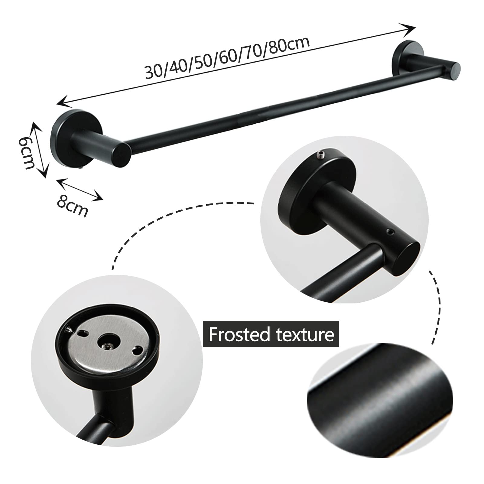 Portasciugamani in acciaio inox, 80 cm, nero, rotondo, da parete, per bagno, cucina e WC, resistente portasciugamani con viti incluse